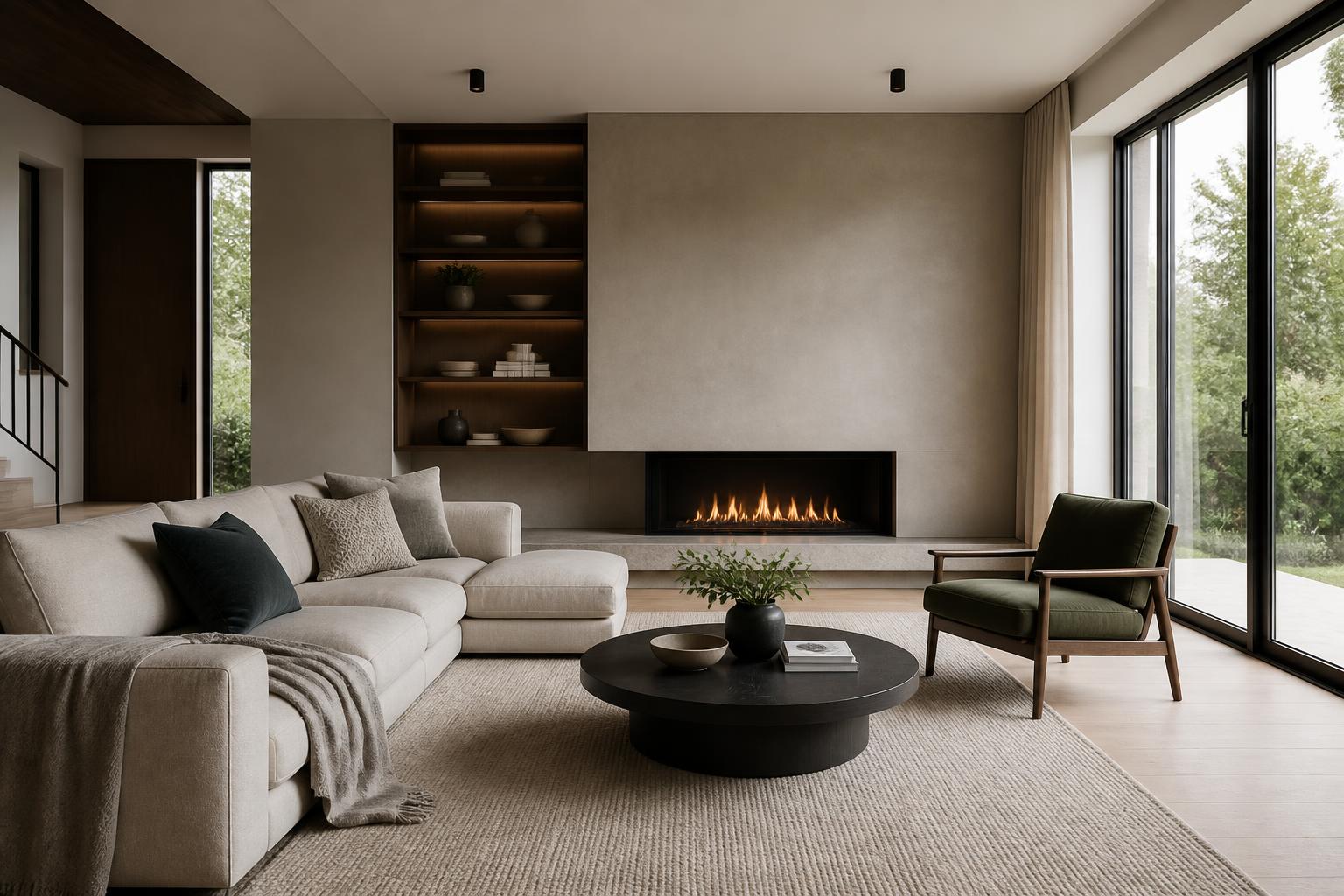 Wide modern interior with warm natural light and refined finishes.